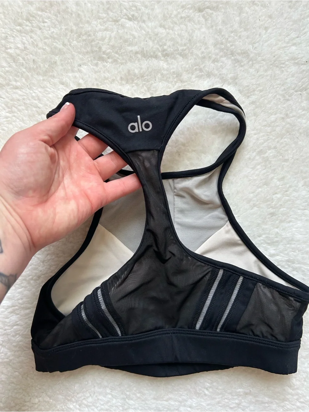 ALO Yoga Black Mesh High-Neck Racerback Sports Bra